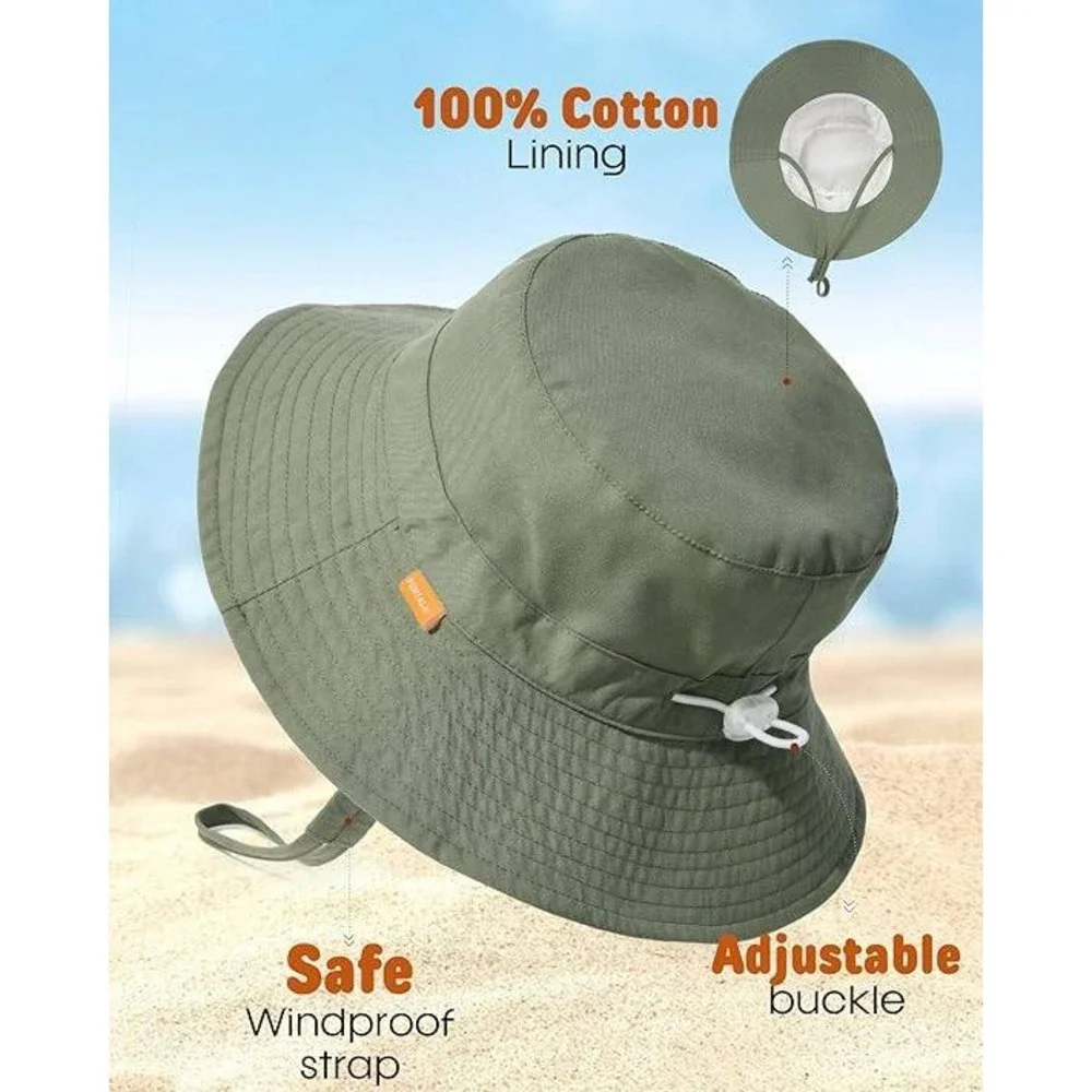 Kids Wide Brim Sun Hat UPF 50+ Cotton Adjustable Bucket Hat w/ Chin Strap-3 Hats